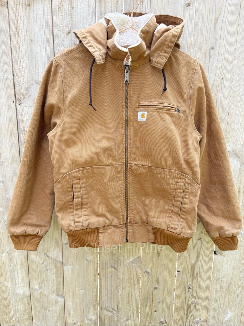 Carhartt Weathered Wildwood Jacket Tan Size Medium Hooded Sherpa Lined - Picture 3 of 17